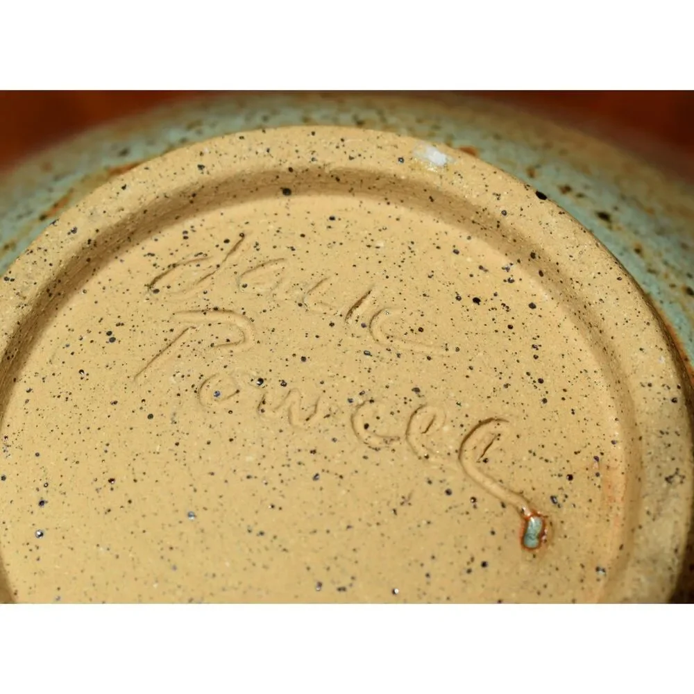 Vintage Studio Pottery Bowl Pierced Carved Rim Sage Brown Glaze Signed Powell